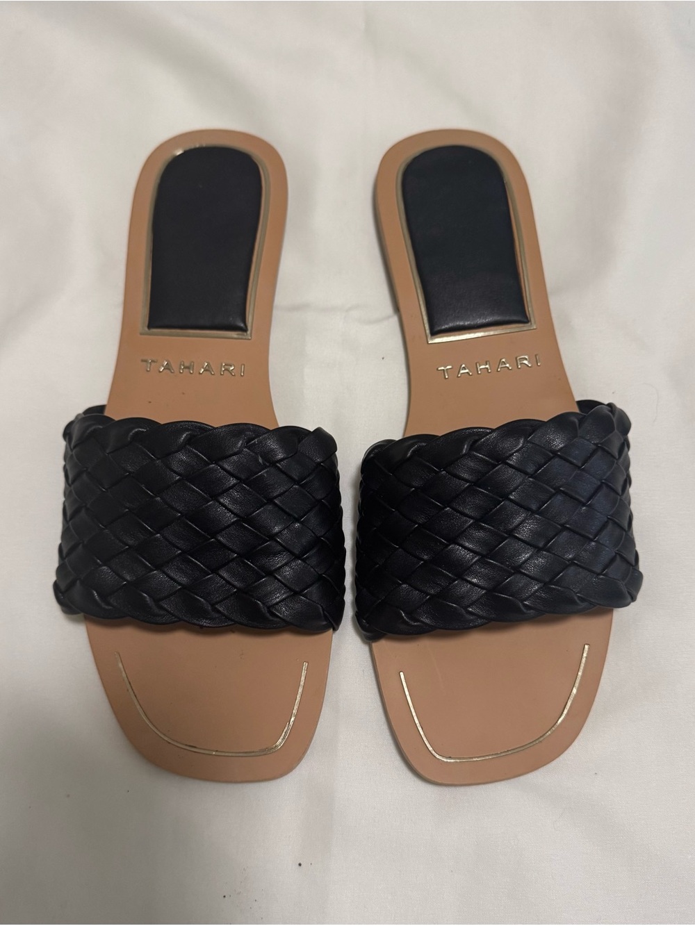 Tahari Black Woven Slide Sandals with Tan Footbed